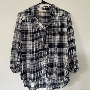 Plaid navy and White Women's blouse tie neck modcloth office